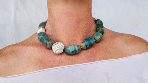 Blue Onyx and Sterling Beaded Necklace. Handcrafted Designer Statement Jewelry. 2841