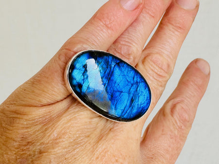 Oversized Labradorite Ring. Bright Blue! Adjustable Sterling SilverJewelry. Handmade Designer Jewelry. 4006