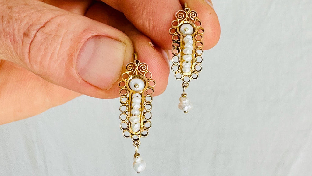 Oaxacan Gold Plated Filigree Earrings. Pearls. Mexico. Frida Kahlo. Gusanos. 4335