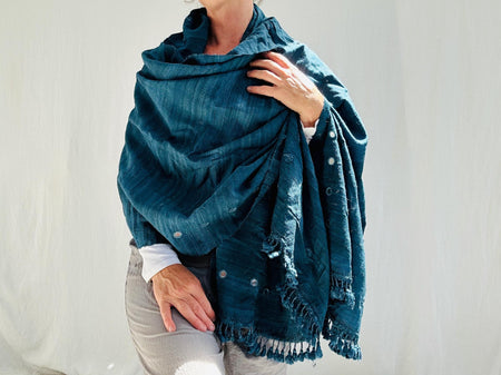 Indigo Silk & Wool Scarf and Shawl. Mirrorwork. Handwoven, Hand Dyed.