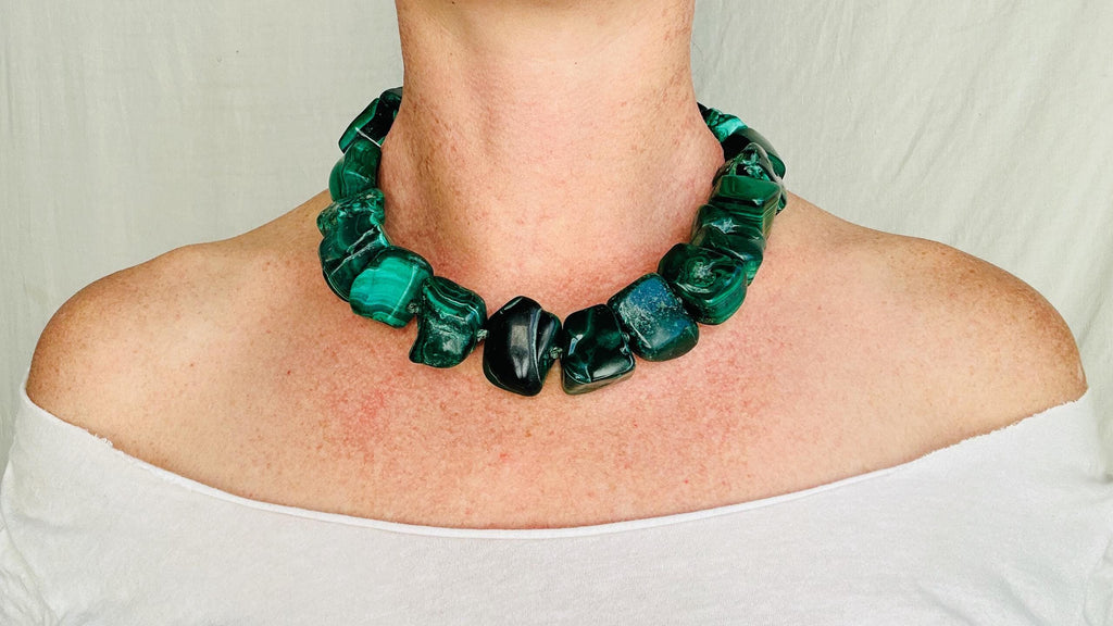 Malachite Beaded Necklace. Chunky Natural Malachite. Handmade Designer Jewelry. 4068