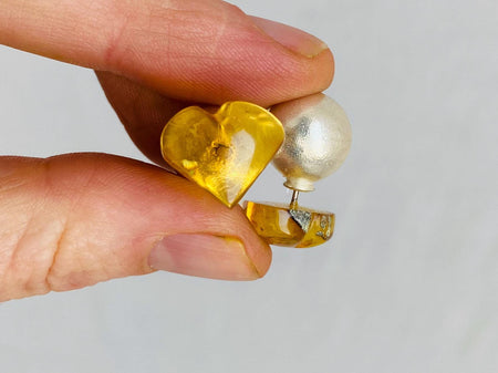 Amber Heart Barbell Earrings. Double Sided. 1226