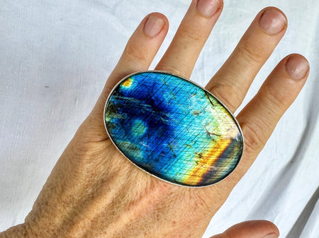 Labradorite Two Finger Ring. Adjustable. Multicolor and Strong Flash. 2157