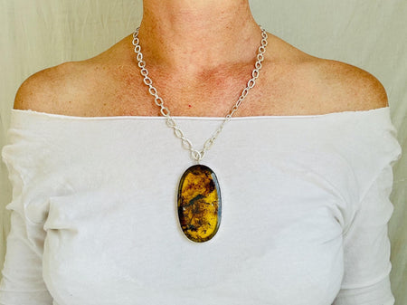 Large Amber Pendant on a Silver Chain. Handmade Sterling Silver Jewelry. 2621