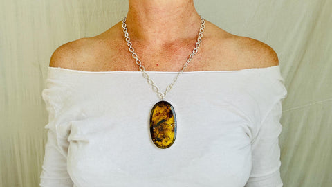 Large Amber Pendant on a Silver Chain. Handmade Sterling Silver Jewelry. 2621