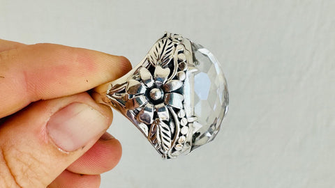 Natural Quartz Ring. Oversized. Botanicals. Size 7. 4139
