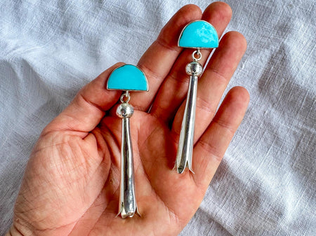 Natural Turquoise Earrings with Squash Blossoms. Sterling Silver. 2147