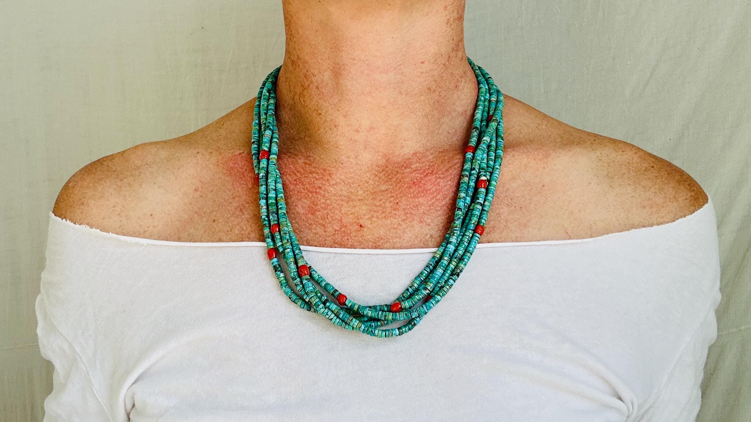 アクセサリー Kaaaa Kewa Pueblo Turquoise & Coral Necklace. Multi-Strand Native Ame