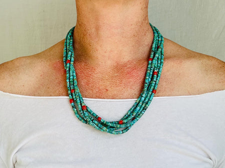 Kewa Pueblo Turquoise & Coral Necklace. Multi-Strand Native American Jewelry.