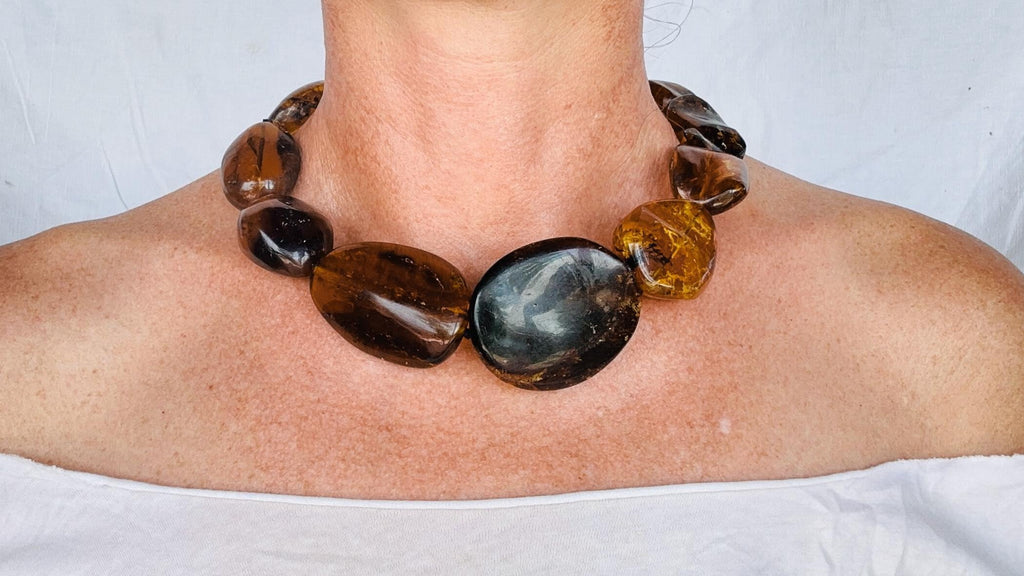 Dramatic Amber Necklace. Antique Sterling Silver Beads. Maximalist Designer Jewelry.