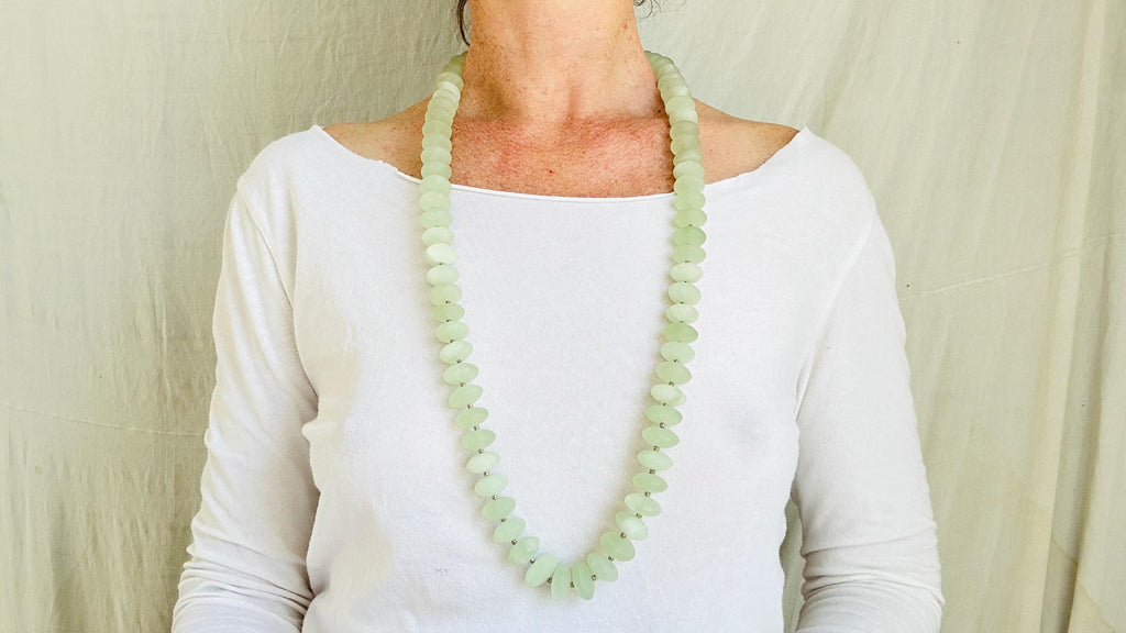 Long Serpentine Necklace. Handmade Beaded Jewelry. Beautiful Green Stone. Statement Necklace.