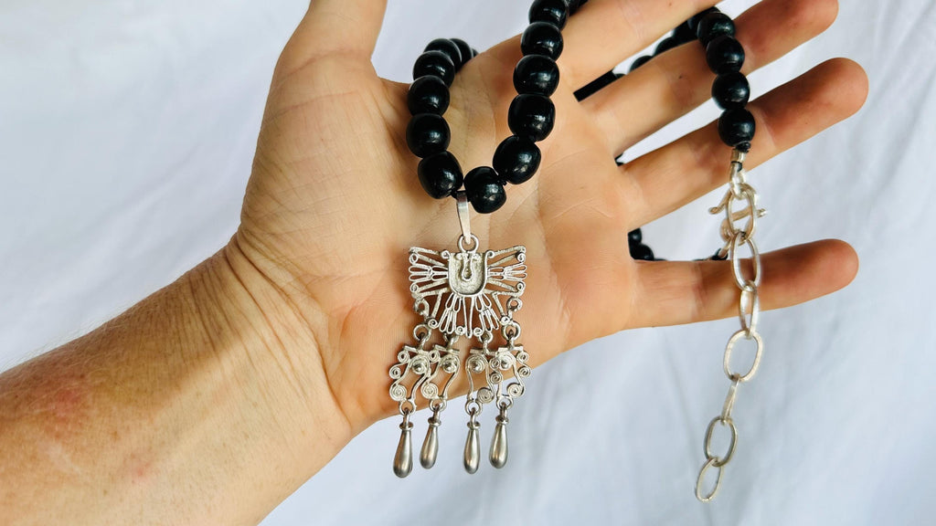 Monte Alban Pendant on Black Jade Necklace. Sterling Silver. Oaxaca, Mexico. Zapoteco. 2848