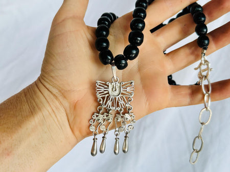Monte Alban Pendant on Black Jade Necklace. Sterling Silver. Oaxaca, Mexico. Zapoteco. 2848