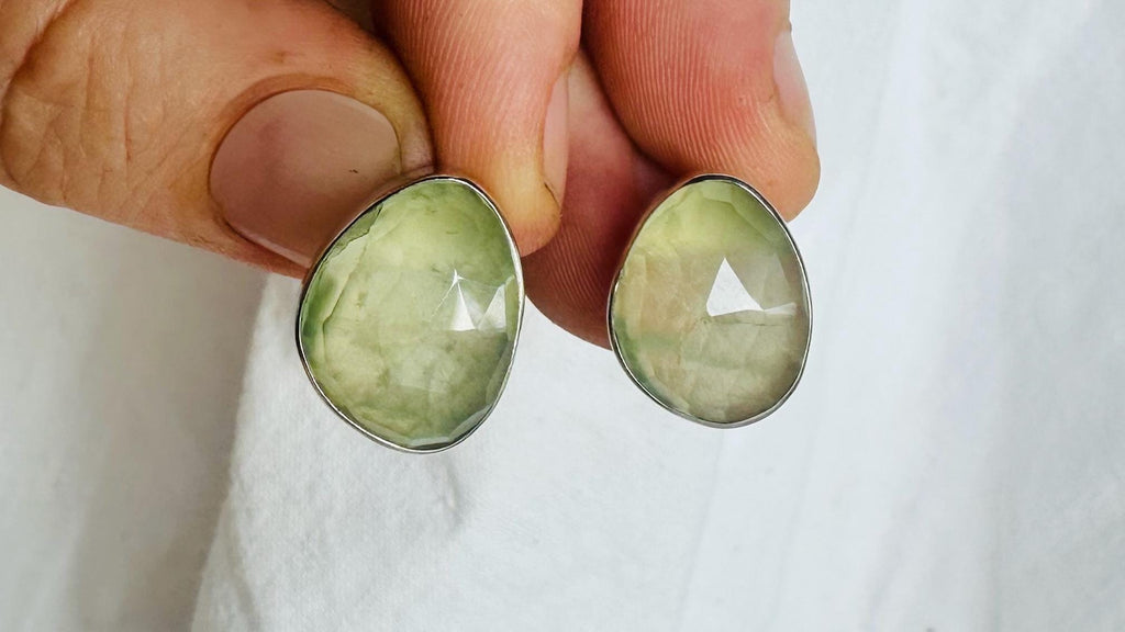 Faceted Prehnite Post Earrings. Sterling Silver. AP-372