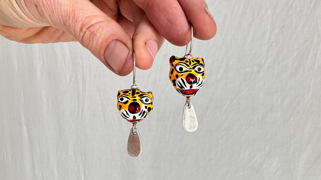 Carved Jaguar and Sterling Silver Earrings. Mexico. 1218