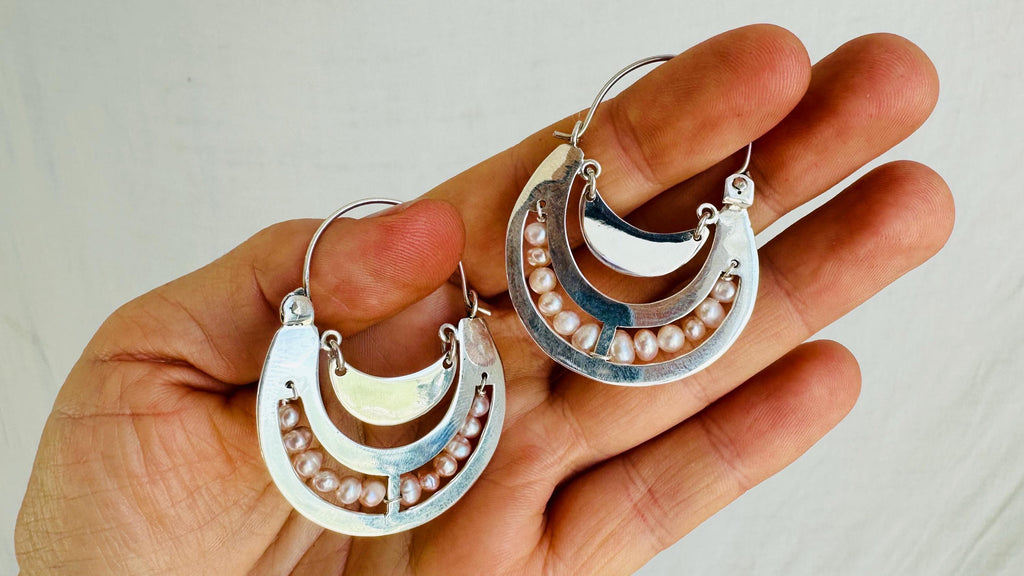 Rainbow Moonstone Earrings. Handcrafted Sterling Silver. Media Luna Style. Frida Kahlo Inspired. 2442