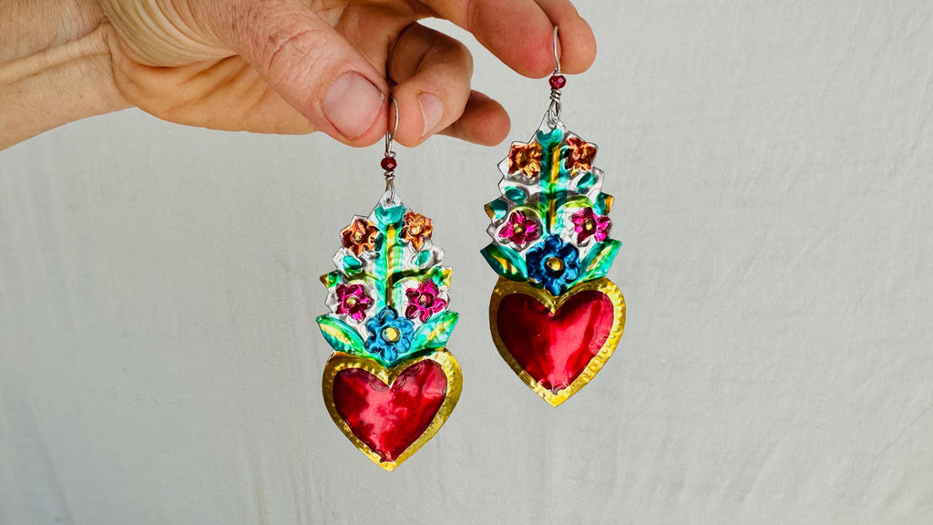 Hojalata Tin Mexican Heart Earrings. Silver Earwire. 4259