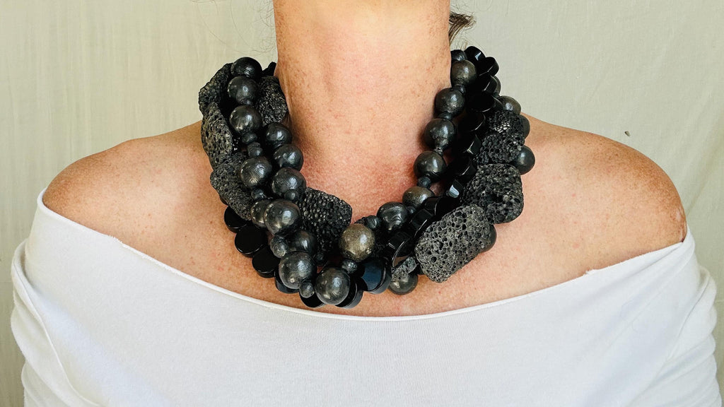 Black Multi-Strand Necklace. La Llorona. Obsidian, Lava Rock, Barro Negro.