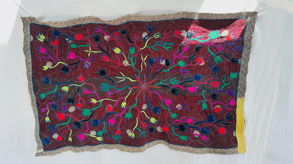 Vintage Embroidered and Hand-Quilted Quilt from Gujarat, India. Textile Art.