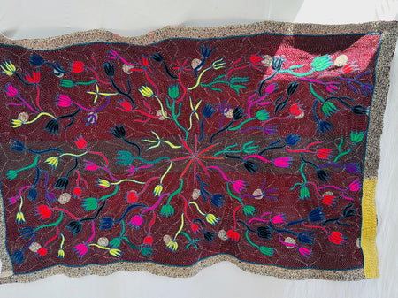 Vintage Embroidered and Hand-Quilted Quilt from Gujarat, India. Textile Art.