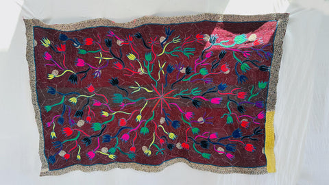 Vintage Embroidered and Hand-Quilted Quilt from Gujarat, India. Textile Art.
