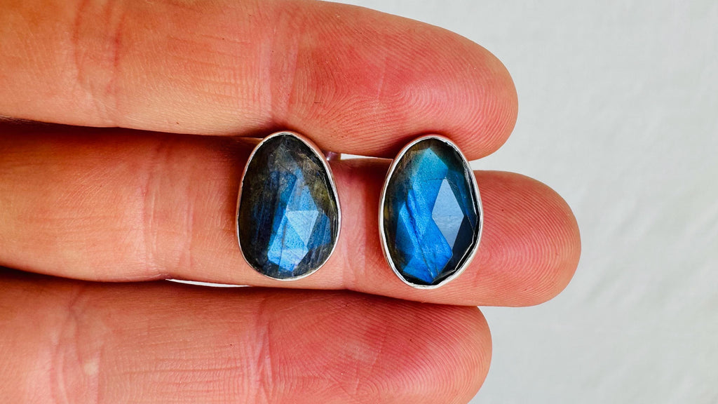 Labradorite Post Earrings. Flashy Blue Stone. Handmade Sterling Silver Jewelry. Small Gift for Her. 0716