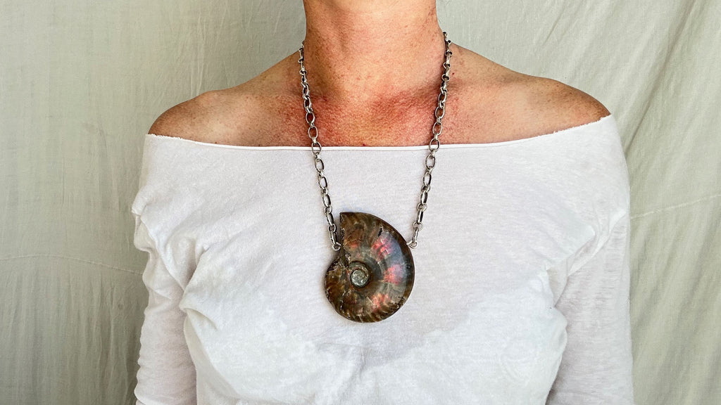 Ammonite Pendant Necklace. Chunky Sterling Silver Chain. 2376