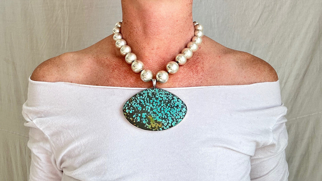 Fantastic Old Turquoise Pendant Necklace. Sterling Silver. 2234