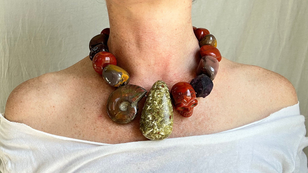 Red Jasper, Mookaite, Ammonite Necklace. Sterling Silver. Skull.
