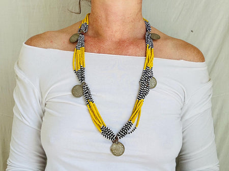 Kuchi Coin Necklace. Multistrand Beaded Jewelry. 4301