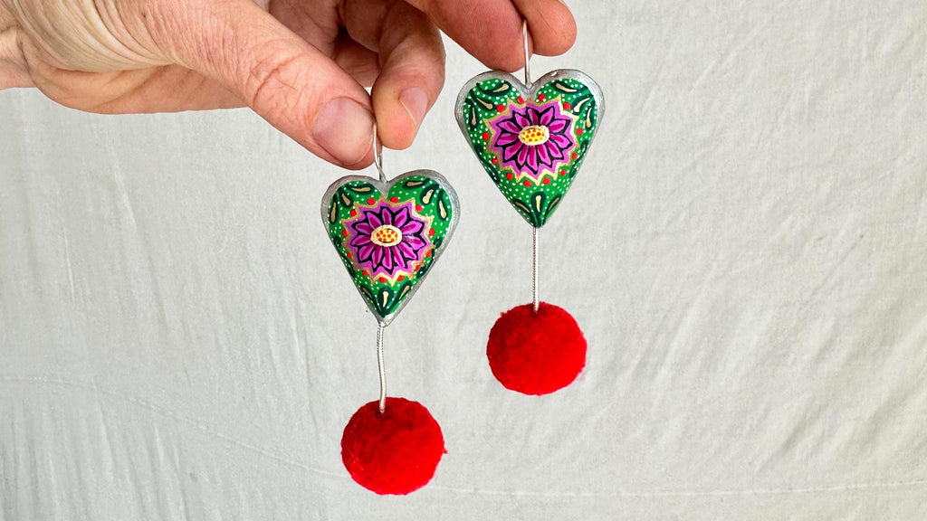Alebrije Heart and Pompom Earrings. Sterling Silver. Atelier Aadya. 0617
