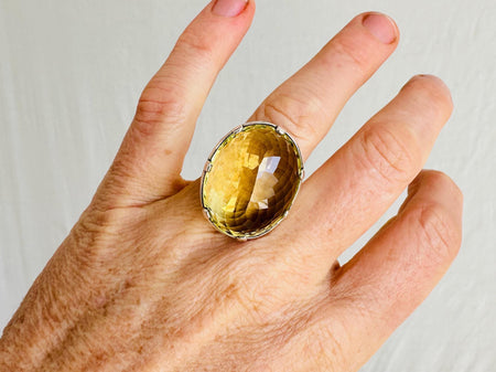 Oversized Faceted Citrine Cocktail Ring | Handmade Adjustable Sterling Silver | Unique Gemstone Jewelry. 4122