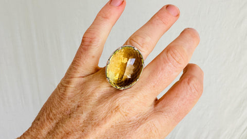Oversized Faceted Citrine Cocktail Ring | Handmade Adjustable Sterling Silver | Unique Gemstone Jewelry. 4122
