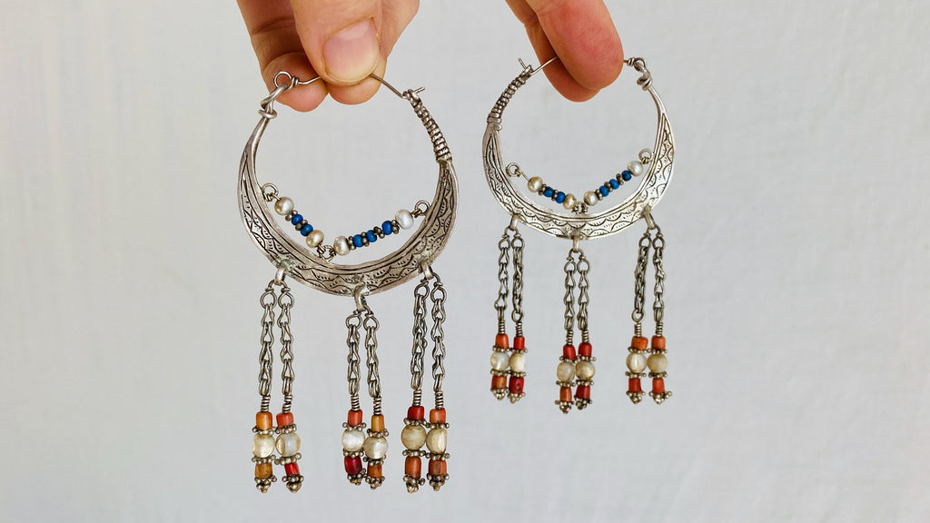 Vintage Uzbek Hoop Earrings. Bukhara Silver and Pearl Earrings. 1148