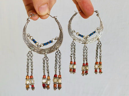 Vintage Uzbek Hoop Earrings. Bukhara Silver and Pearl Earrings. 1148
