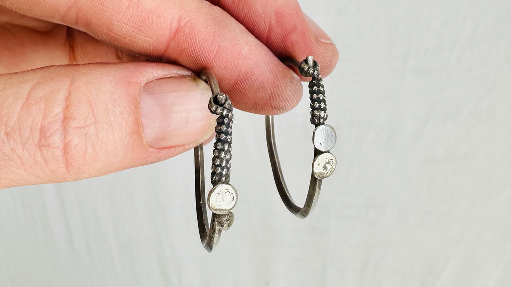 Vintage Large Kuchi Silver Hoop Earrings. Sterling Silver. India,