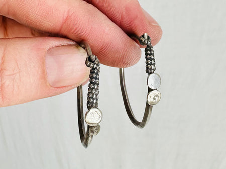 Vintage Large Kuchi Silver Hoop Earrings. Sterling Silver. India,