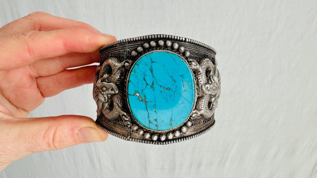 Antique Tibetan Turquoise Cuff Bracelet. Dragons and Filigree. Beautiful Piece!