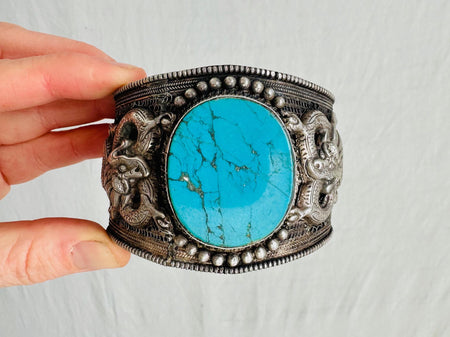 Antique Tibetan Turquoise Cuff Bracelet. Dragons and Filigree. Beautiful Piece!