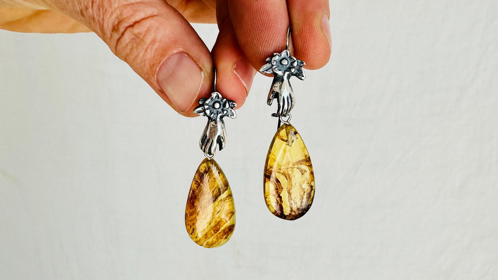 Amber & Sterling Silver Cast Hands Earrings. 0278