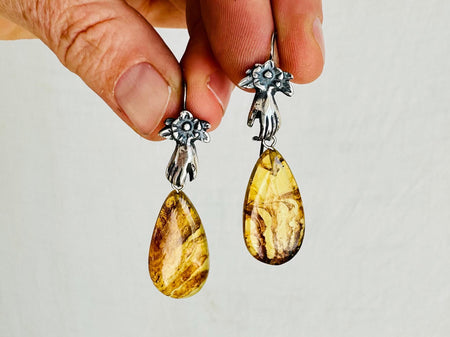 Amber & Sterling Silver Cast Hands Earrings. 0278