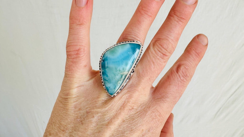 Larimar Cocktail Ring. Oversized Sterling Silver Designer Ring. Botanicals. Size 5.75. 4128