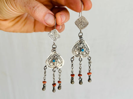 Vintage Uzbek Earrings with Antique Coral. Handmade Sterling Silver. 0465