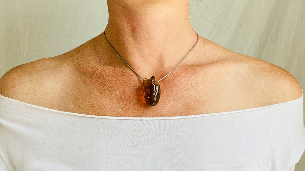 Amber Anatomic Heart Pendant on Sterling Silver Snake Chain. Atelier Aadya