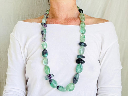 Long Fluorite Necklace. Handmade Beaded Jewelry. Beautiful Blue Green Stone. Statement Necklace.