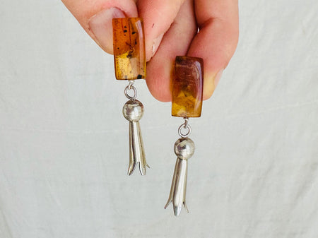 Squash Blossom, Amber & Sterling Silver Earrings. 0466