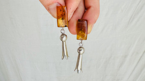 Squash Blossom, Amber & Sterling Silver Earrings. 0466