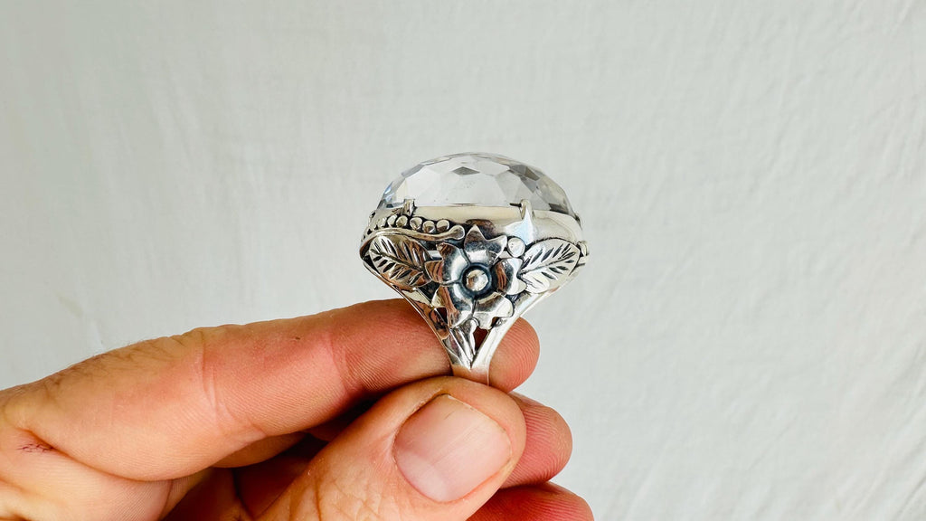 Natural Quartz Ring. Oversized. Botanicals. Size 7.25. 4139
