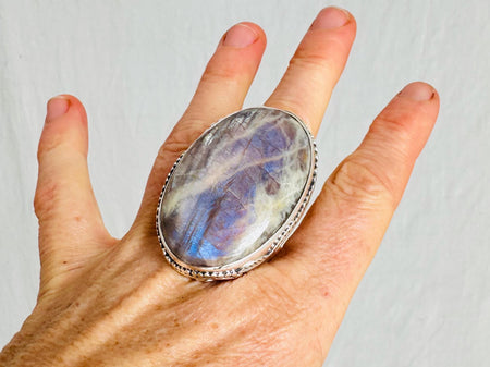 Belomorite Moonstone-Sunstone Cocktail Ring. Oversized Sterling Silver Designer Ring. Botanicals. Gorgeous! Size 9.25. 4130