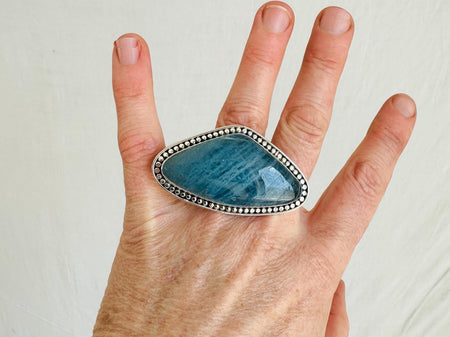 Oversized Aquamarine Cocktail Ring | Handmade Adjustable Sterling Silver | Unique Gemstone Jewelry. 0710